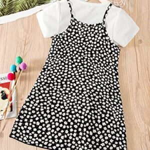 MakeMeChic Baby Girl's 2 Piece Outfits Solid Short Sleeve Tee Shirt Floral Cami Dress Set Black and White 110