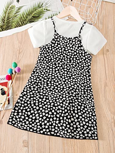 MakeMeChic Baby Girl's 2 Piece Outfits Solid Short Sleeve Tee Shirt Floral Cami Dress Set Black and White 110