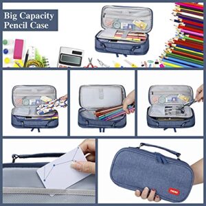 GUSEN Big Capacity Pencil Case Stationery Storage Pen Pouch Bag Double Zipper Multiple Compartments Organizer Cosmetic Portable High School Organizer College Student Teen Adult Boy Girl-Denim Blue