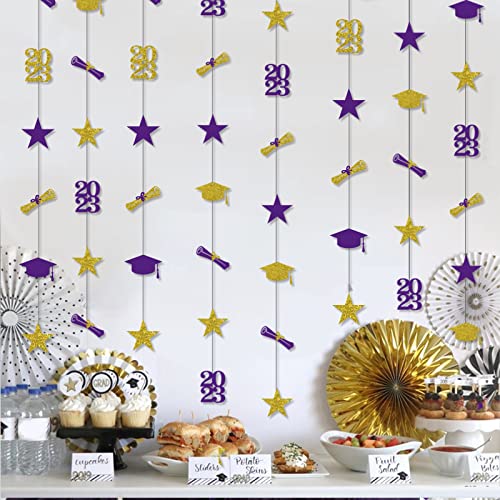 8Pcs 2023 Graduation Party Streamers Purple, Class of 2023 Hat Star Diploma Banner Garland Vertical Hanging Backdrop Background for Ceiling Classroom Home Decor