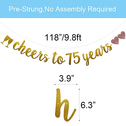 Cheers to 75 Years Banner, Pre-Strung, Gold Glitter Paper Garlands for 75th Birthday / Wedding Anniversary Party Decorations Supplies, No Assembly Required,(Gold)SUNbetterland