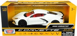 motormax toy 2020 chevy corvette c8 stingray white with red interior history of corvette series 1/24 diecast model car by motormax 79360, 79360w-rd