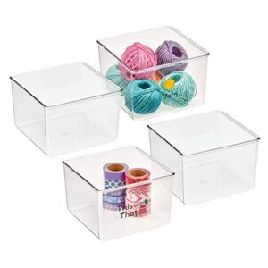 mdesign stackable plastic craft, sewing, crochet storage container box with handles- compact organizer bin, holder for thread, beads, ribbon, glitter, clay – 4 pack, includes 32 labels – clear