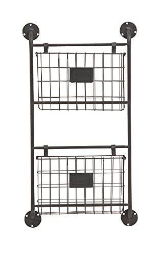 Deco 79 Metal Rectangle Magazine Rack Holder with Suspended Baskets and Label Slot, 16" x 3" x 28", Black