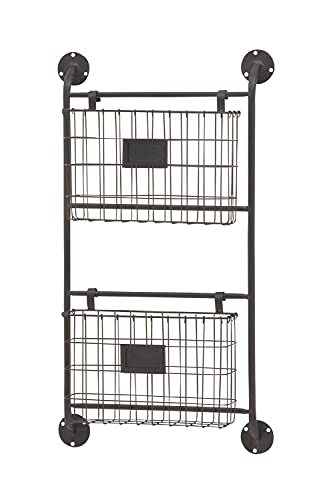 Deco 79 Metal Rectangle Magazine Rack Holder with Suspended Baskets and Label Slot, 16" x 3" x 28", Black