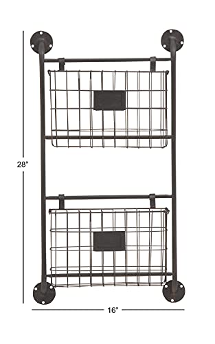 Deco 79 Metal Rectangle Magazine Rack Holder with Suspended Baskets and Label Slot, 16" x 3" x 28", Black