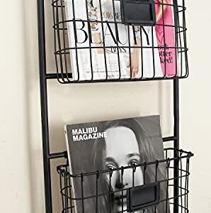 Deco 79 Metal Rectangle Magazine Rack Holder with Suspended Baskets and Label Slot, 16" x 3" x 28", Black