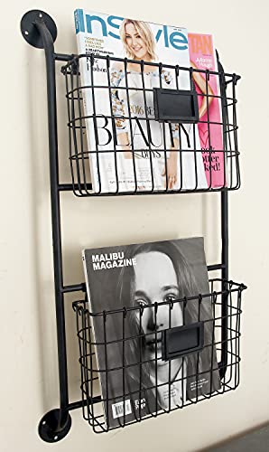 Deco 79 Metal Rectangle Magazine Rack Holder with Suspended Baskets and Label Slot, 16" x 3" x 28", Black