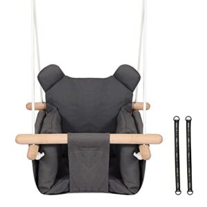 redswing canvas baby swing, wooden hanging swing seat chair indoor, with safety belt, dark gray