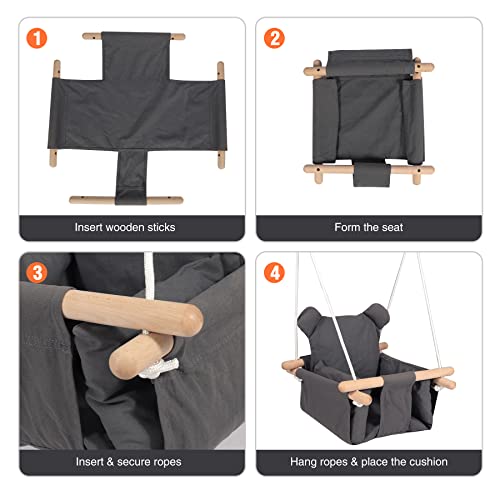 RedSwing Canvas Baby Swing, Wooden Hanging Swing Seat Chair Indoor, with Safety Belt, Dark Gray