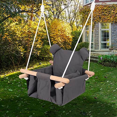 RedSwing Canvas Baby Swing, Wooden Hanging Swing Seat Chair Indoor, with Safety Belt, Dark Gray