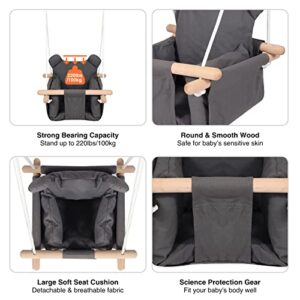 RedSwing Canvas Baby Swing, Wooden Hanging Swing Seat Chair Indoor, with Safety Belt, Dark Gray