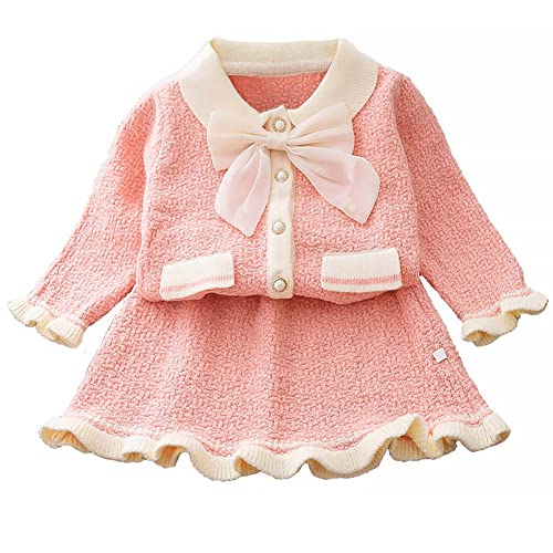 Toddler Baby Girls Fall Winter Outfit Long Sleeve Knitted Buttons Sweater Tops Mini Skirt Birthday Princess Cardigans Bowknot Ruffle Knit Autumn Spring Winter Clothes Set Pink-Bowknot 12-18 Months