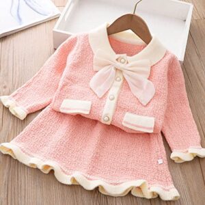 Toddler Baby Girls Fall Winter Outfit Long Sleeve Knitted Buttons Sweater Tops Mini Skirt Birthday Princess Cardigans Bowknot Ruffle Knit Autumn Spring Winter Clothes Set Pink-Bowknot 12-18 Months