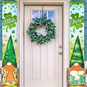 St. Patrick's Day Door Banner-Shamrock Gnomes Porch Signs Irish Happy St. Patrick's Day Party Supplies Green Gnomes Lucky Banner for St. Patrick's Day Outdoor Decorations