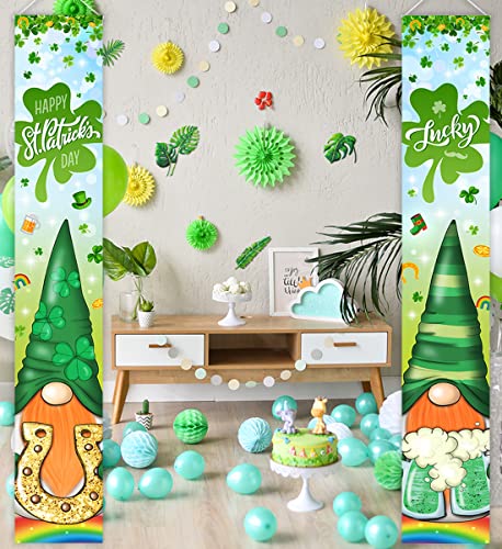 St. Patrick's Day Door Banner-Shamrock Gnomes Porch Signs Irish Happy St. Patrick's Day Party Supplies Green Gnomes Lucky Banner for St. Patrick's Day Outdoor Decorations