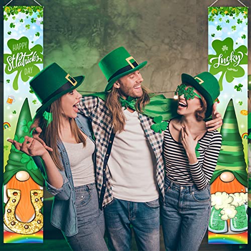 St. Patrick's Day Door Banner-Shamrock Gnomes Porch Signs Irish Happy St. Patrick's Day Party Supplies Green Gnomes Lucky Banner for St. Patrick's Day Outdoor Decorations