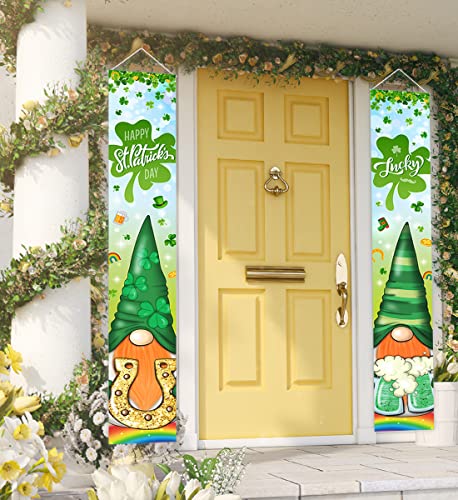 St. Patrick's Day Door Banner-Shamrock Gnomes Porch Signs Irish Happy St. Patrick's Day Party Supplies Green Gnomes Lucky Banner for St. Patrick's Day Outdoor Decorations