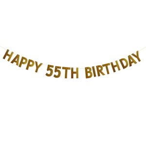 happy 55th birthday banner，pre-strung，no assembly required，55th birthday party decorations supplies，gold glitter paper garlands backdrops, letters gold betteryanzi