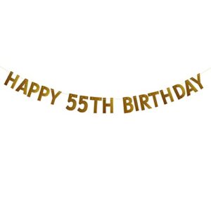 HAPPY 55TH BIRTHDAY Banner，Pre-strung，No Assembly Required，55th Birthday Party Decorations Supplies，Gold Glitter Paper Garlands Backdrops, Letters Gold Betteryanzi