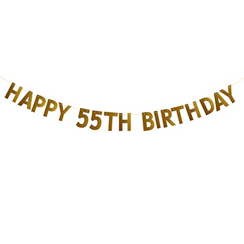 HAPPY 55TH BIRTHDAY Banner，Pre-strung，No Assembly Required，55th Birthday Party Decorations Supplies，Gold Glitter Paper Garlands Backdrops, Letters Gold Betteryanzi