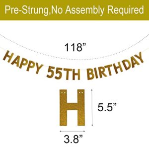 HAPPY 55TH BIRTHDAY Banner，Pre-strung，No Assembly Required，55th Birthday Party Decorations Supplies，Gold Glitter Paper Garlands Backdrops, Letters Gold Betteryanzi