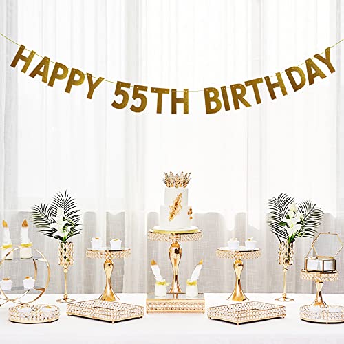 HAPPY 55TH BIRTHDAY Banner，Pre-strung，No Assembly Required，55th Birthday Party Decorations Supplies，Gold Glitter Paper Garlands Backdrops, Letters Gold Betteryanzi