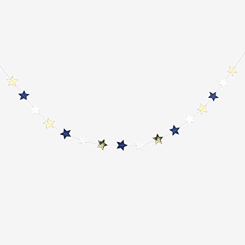 GUZON 30 Feet Navy Blue Gold White Star Garland Glitter Paper Banner Streamer Bunting Hanging Decorations for Engagement Birthday Baby Shower Wedding Baby Room Backdrop Party Supplies(4Pcs)