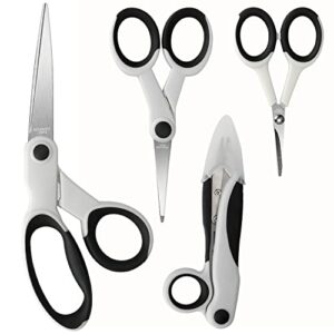 premium tailor sewing scissors bundle, 8.1″ heavy duty sharp fabric scissors, 5.1″/4″ detail embroidery scissors, 5″ thread snips with comfort grip (grayish white)