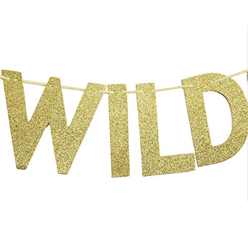 Young Wild & Three Banner, Vintage Gold Glitter Sign for Kids' 3rd Birthday Party Bunting Decorations