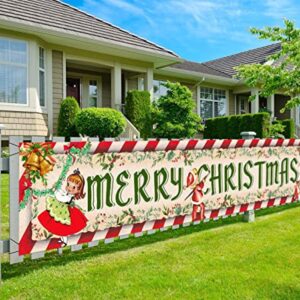 Vintage Christmas Decorations Outdoor Yard Sign Vintage Style Merry Christmas Banner Traditional Retro Santa Xmas Hanging Banner for Xmas New Year Holiday Party Supplies Indoor Outdoor