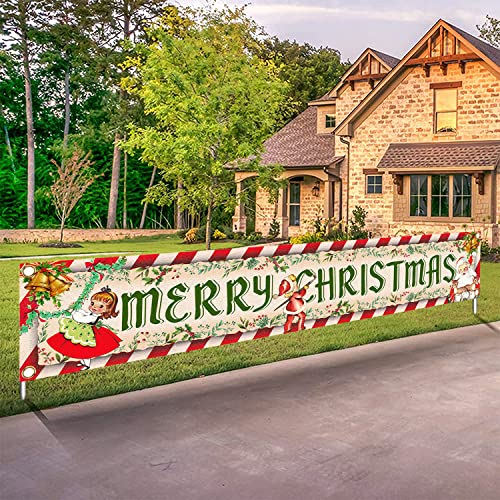 Vintage Christmas Decorations Outdoor Yard Sign Vintage Style Merry Christmas Banner Traditional Retro Santa Xmas Hanging Banner for Xmas New Year Holiday Party Supplies Indoor Outdoor