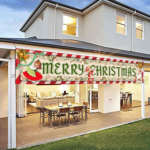 Vintage Christmas Decorations Outdoor Yard Sign Vintage Style Merry Christmas Banner Traditional Retro Santa Xmas Hanging Banner for Xmas New Year Holiday Party Supplies Indoor Outdoor
