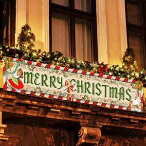 Vintage Christmas Decorations Outdoor Yard Sign Vintage Style Merry Christmas Banner Traditional Retro Santa Xmas Hanging Banner for Xmas New Year Holiday Party Supplies Indoor Outdoor