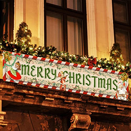 Vintage Christmas Decorations Outdoor Yard Sign Vintage Style Merry Christmas Banner Traditional Retro Santa Xmas Hanging Banner for Xmas New Year Holiday Party Supplies Indoor Outdoor