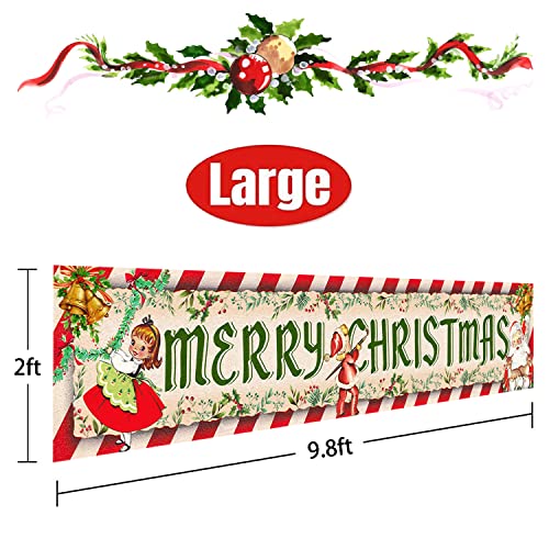 Vintage Christmas Decorations Outdoor Yard Sign Vintage Style Merry Christmas Banner Traditional Retro Santa Xmas Hanging Banner for Xmas New Year Holiday Party Supplies Indoor Outdoor