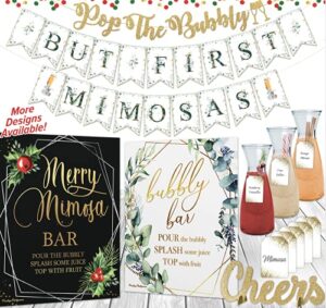 prestige mimosa bar supplies | brunch decorations & mimosa bar kit, christmas party supplies w/ bubbly bar sign & banner set, holiday bridal shower decor & merry christmas birthday decorations (xmas)