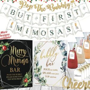 PRESTIGE Mimosa Bar Supplies | Brunch Decorations & Mimosa Bar Kit, Christmas Party Supplies w/ Bubbly Bar Sign & Banner Set, Holiday Bridal Shower Decor & Merry Christmas Birthday Decorations (XMAS)