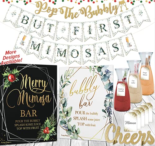 PRESTIGE Mimosa Bar Supplies | Brunch Decorations & Mimosa Bar Kit, Christmas Party Supplies w/ Bubbly Bar Sign & Banner Set, Holiday Bridal Shower Decor & Merry Christmas Birthday Decorations (XMAS)