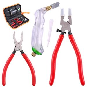 swpeet 3pcs heavy duty glass running pliers, breaker grozer pliers and grip oil feed glass cutter kit, professional stained glass cutting tool with extra rubber tips perfect for stained glass work