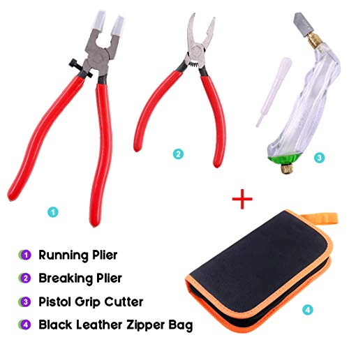 Swpeet 3Pcs Heavy Duty Glass Running Pliers, Breaker Grozer Pliers and Grip Oil Feed Glass Cutter Kit, Professional Stained Glass Cutting Tool with Extra Rubber Tips Perfect for Stained Glass Work