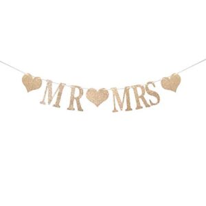 champagne gold glittery mr and mrs banner – mr & mrs banner for bridal shower, wedding, engagement, anniversary party supplies