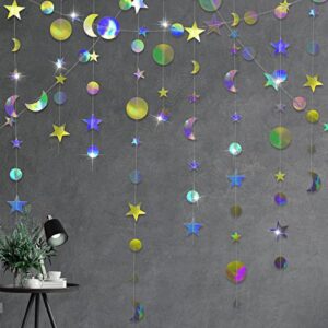 6 Pieces Iridescent Twinkle Moon Stars Circle Garland Streamer Party Decorations for Kids First Birthday Ramadan EID Mubarak Baby Shower Wedding Decor