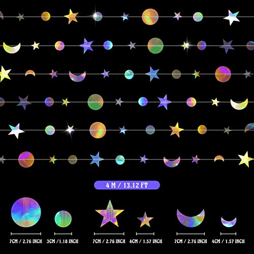 6 Pieces Iridescent Twinkle Moon Stars Circle Garland Streamer Party Decorations for Kids First Birthday Ramadan EID Mubarak Baby Shower Wedding Decor