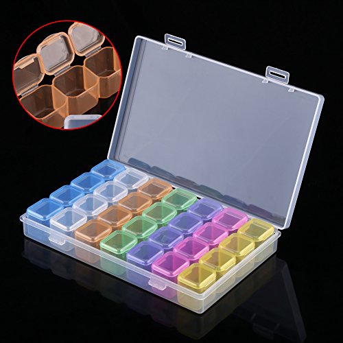 Hilitand Diamond Embroidery Box, 28 Grids Plastic Transparent Storage Box Nail Art Rhinestone Jewelry Beads Display 7 Color Case Organizer