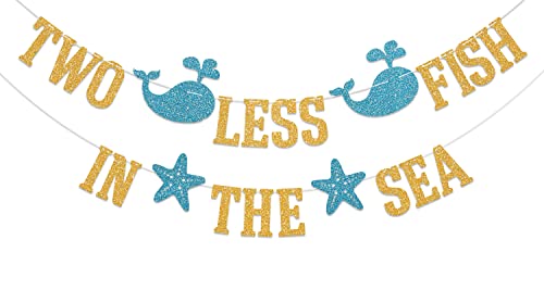 Two Less Fish in the Sea Banner, Nautical Themed Bridal Shower Wedding Bachelorette Engagement Party Decorations Gold Glitter