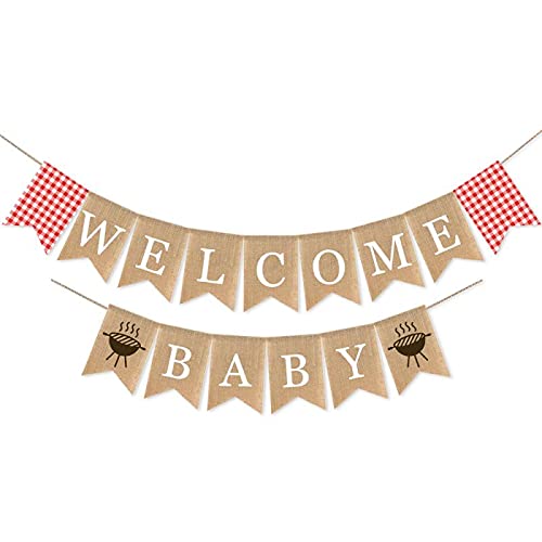 SWYOUN Burlap Welcome Baby Banner with Grill BBQ Theme Party Supplies Baby Shower Party Garland Decoration