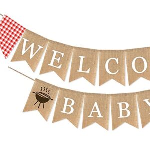 SWYOUN Burlap Welcome Baby Banner with Grill BBQ Theme Party Supplies Baby Shower Party Garland Decoration