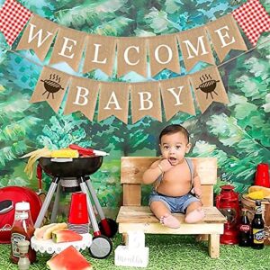 SWYOUN Burlap Welcome Baby Banner with Grill BBQ Theme Party Supplies Baby Shower Party Garland Decoration