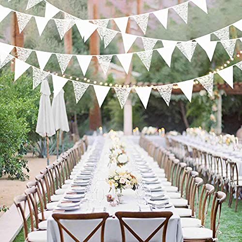 10M/32Ft White Pennant Banner Fabric Lace Triangle Flag Cotton Bunting Garland Streamers for Wedding Chistmas Birthday Anniversary Party Home Nursery Outdoor Garden Hanging Festivals Decorations